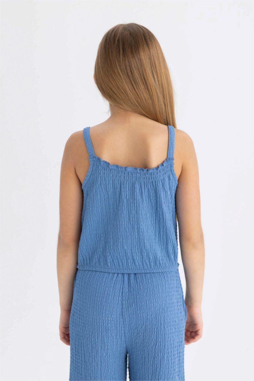 بناتي أزرق غامق بلوزة بناتي قصة مريحة بحمالات بياقة مرن