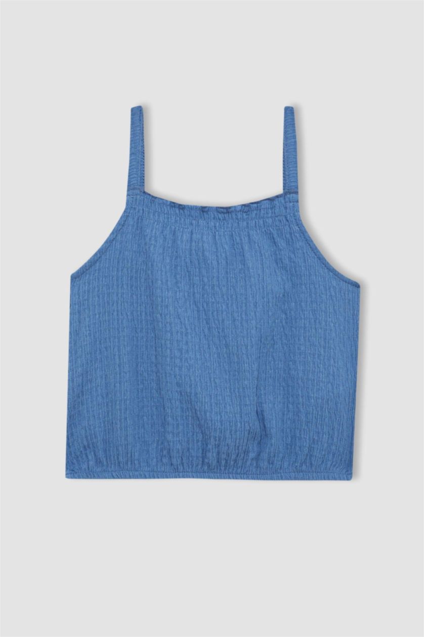 بناتي أزرق غامق بلوزة بناتي قصة مريحة بحمالات بياقة مرن