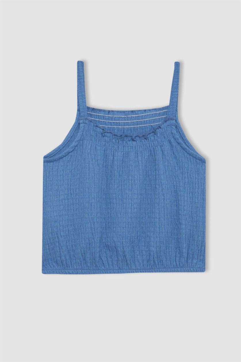 بناتي أزرق غامق بلوزة بناتي قصة مريحة بحمالات بياقة مرن