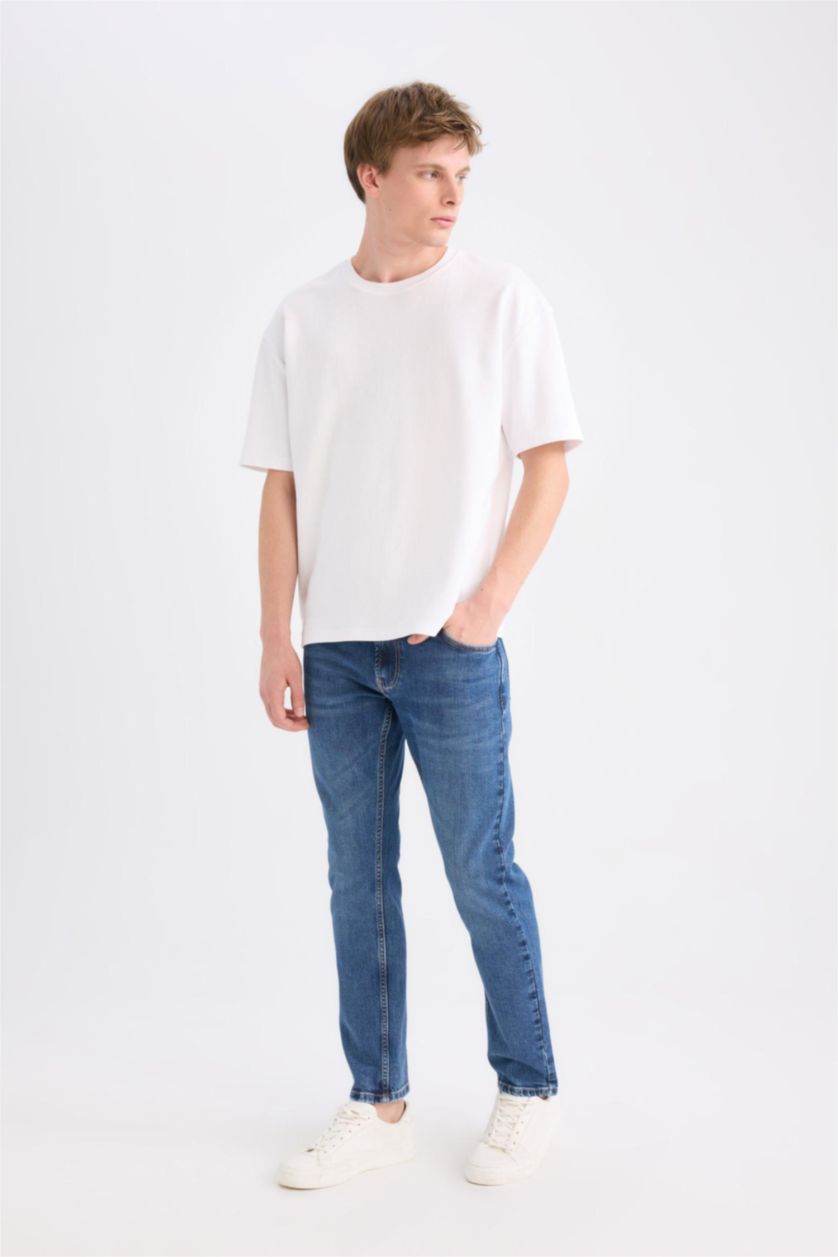 Erkek Mavi Pedro Slim Fit Dar Kalıp Normal Bel Dar Paça Jean Pantolon