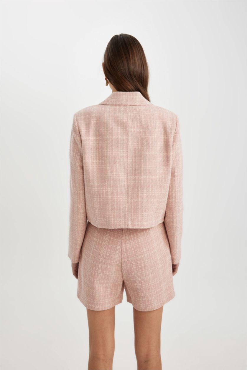 Kadın Pembe Cropped Fıt Tweed Blazer Ceket