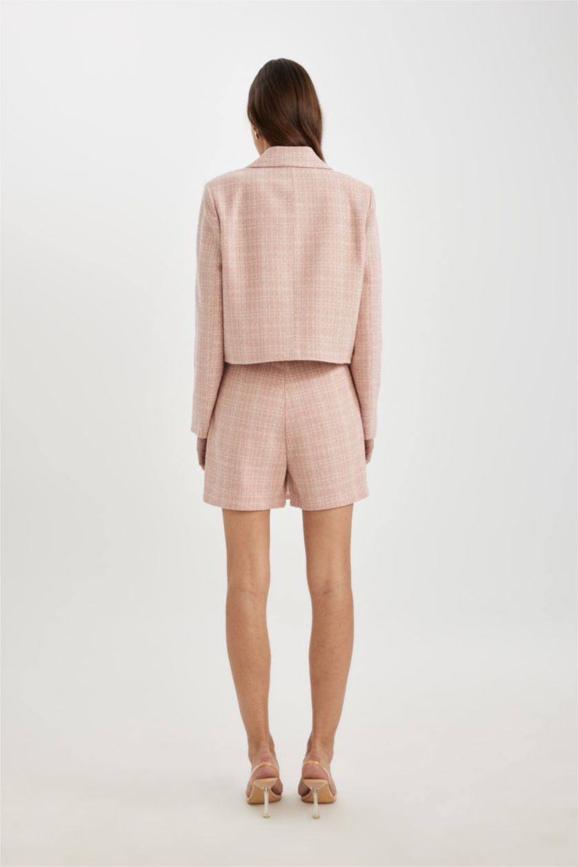 Kadın Pembe Yüksek Bel Desenli Tweed Şort Etek