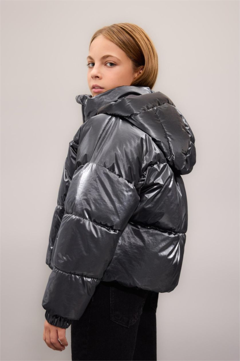 Kız Çocuk - Genç Kız Gri Su Geçirmez Kapüşonlu Fermuarlı Çıtçıtlı Mont Kız Çocuk