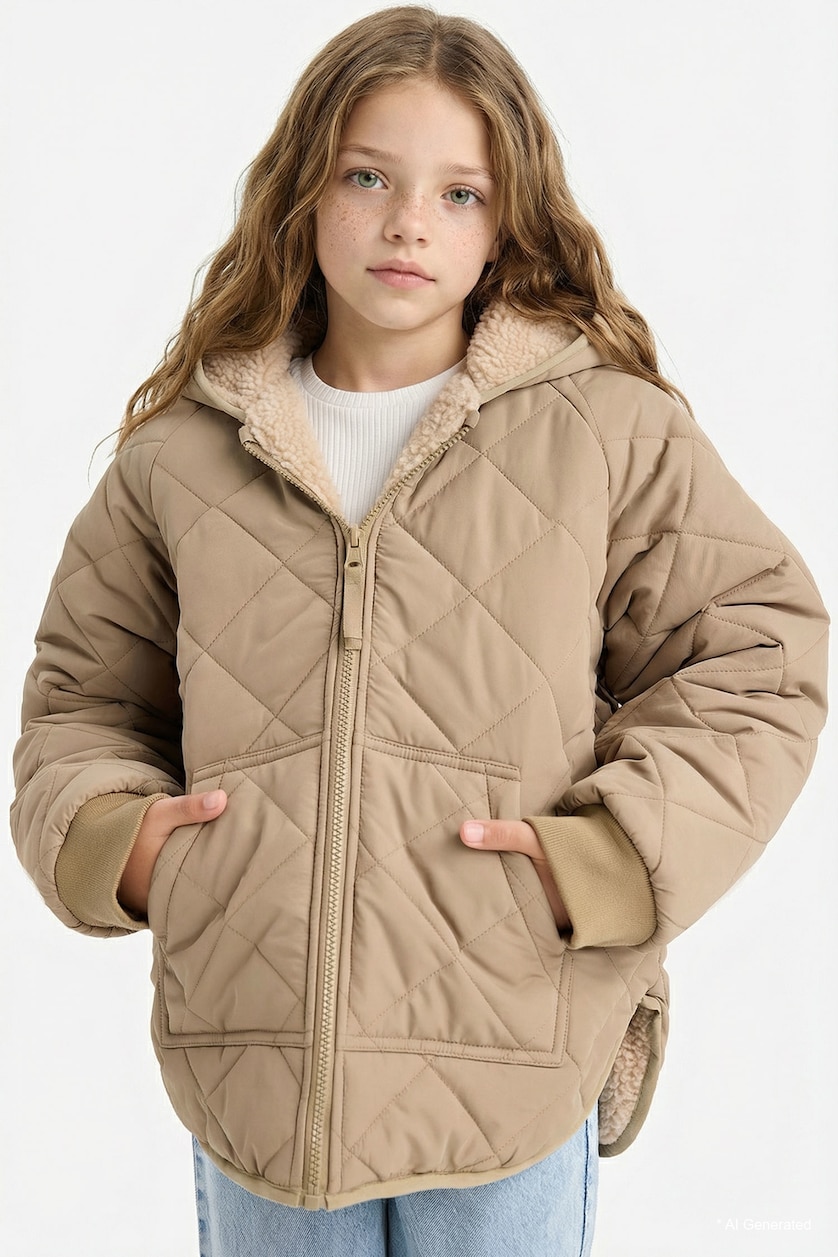 Young Girls - Teen Girls Dark Beige Girl Double Sided Hooded Zippered Quilted Jacket