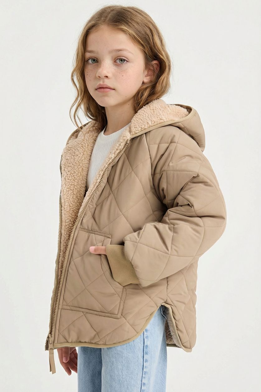 Girls & Teens Dark Beige Girl Double Sided Zippered Hooded Plush Jacket