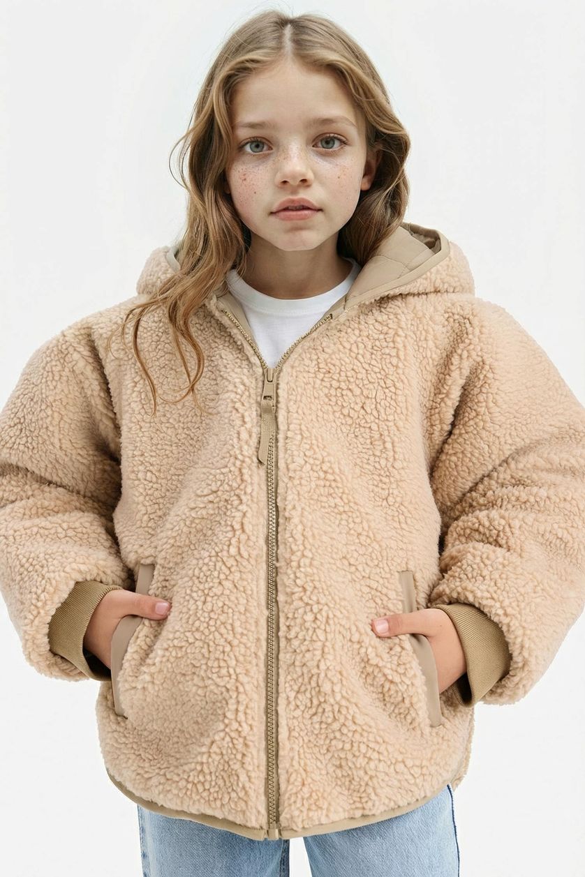 Girls & Teens Dark Beige Girl Double Sided Zippered Hooded Plush Jacket