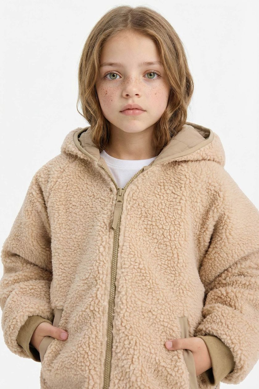 Girls & Teens Dark Beige Girl Double Sided Zippered Hooded Plush Jacket