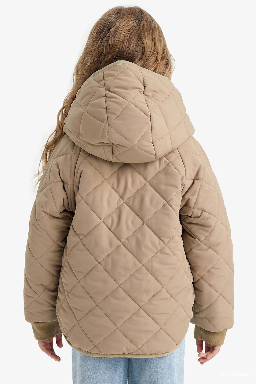 Young Girls - Teen Girls Dark Beige Girl Double Sided Hooded Zippered Quilted Jacket