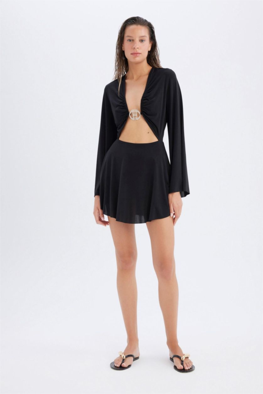 Kadın Siyah Declara x DeFacto Uzun Kollu Mini Dekolteli Plaj Elbisesi