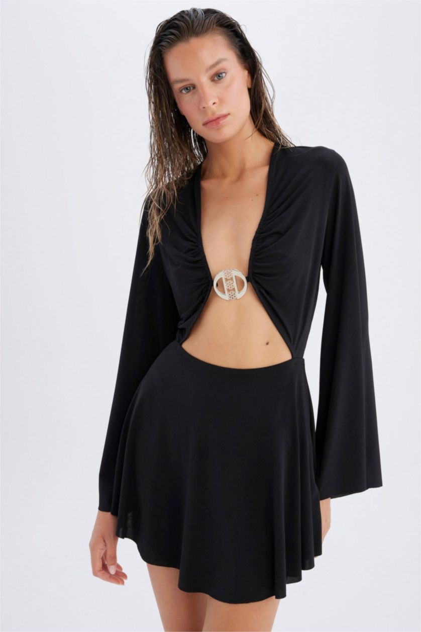 Kadın Siyah Declara x DeFacto Uzun Kollu Mini Dekolteli Plaj Elbisesi