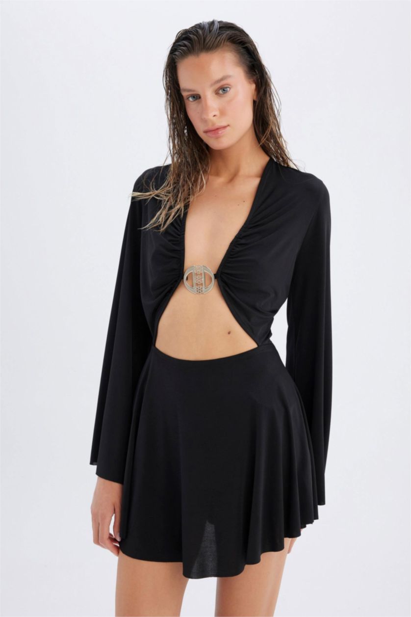 Kadın Siyah Declara x DeFacto Uzun Kollu Mini Dekolteli Plaj Elbisesi