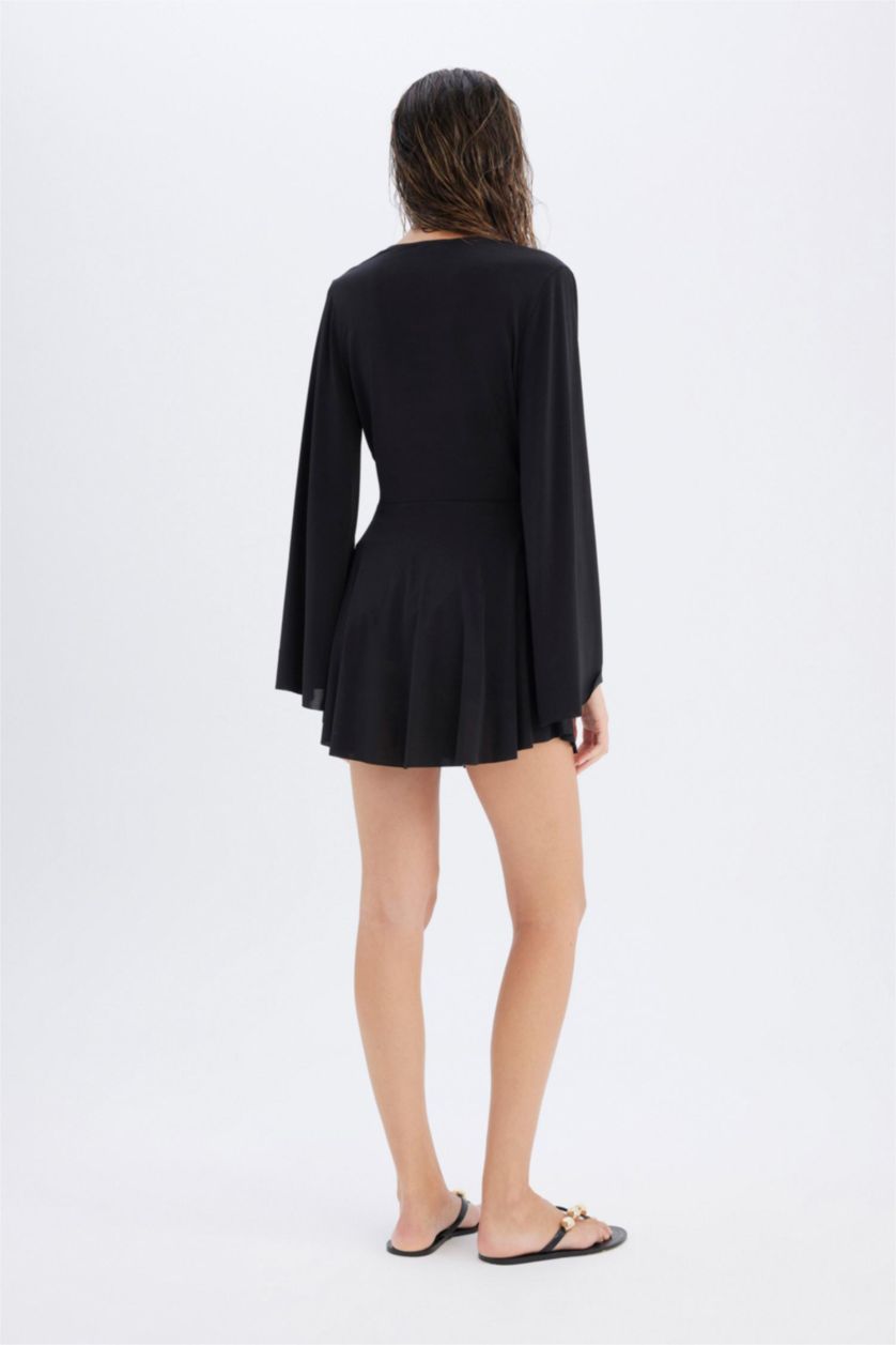 Kadın Siyah Declara x DeFacto Uzun Kollu Mini Dekolteli Plaj Elbisesi