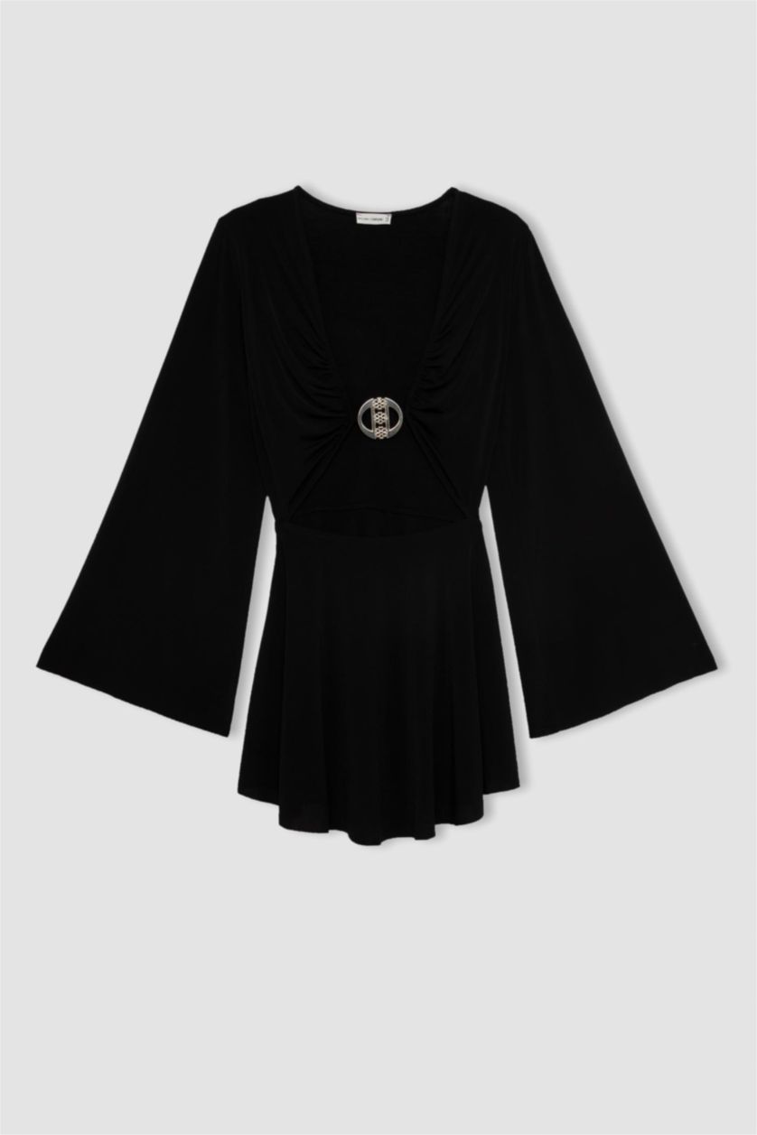 Kadın Siyah Declara x DeFacto Uzun Kollu Mini Dekolteli Plaj Elbisesi