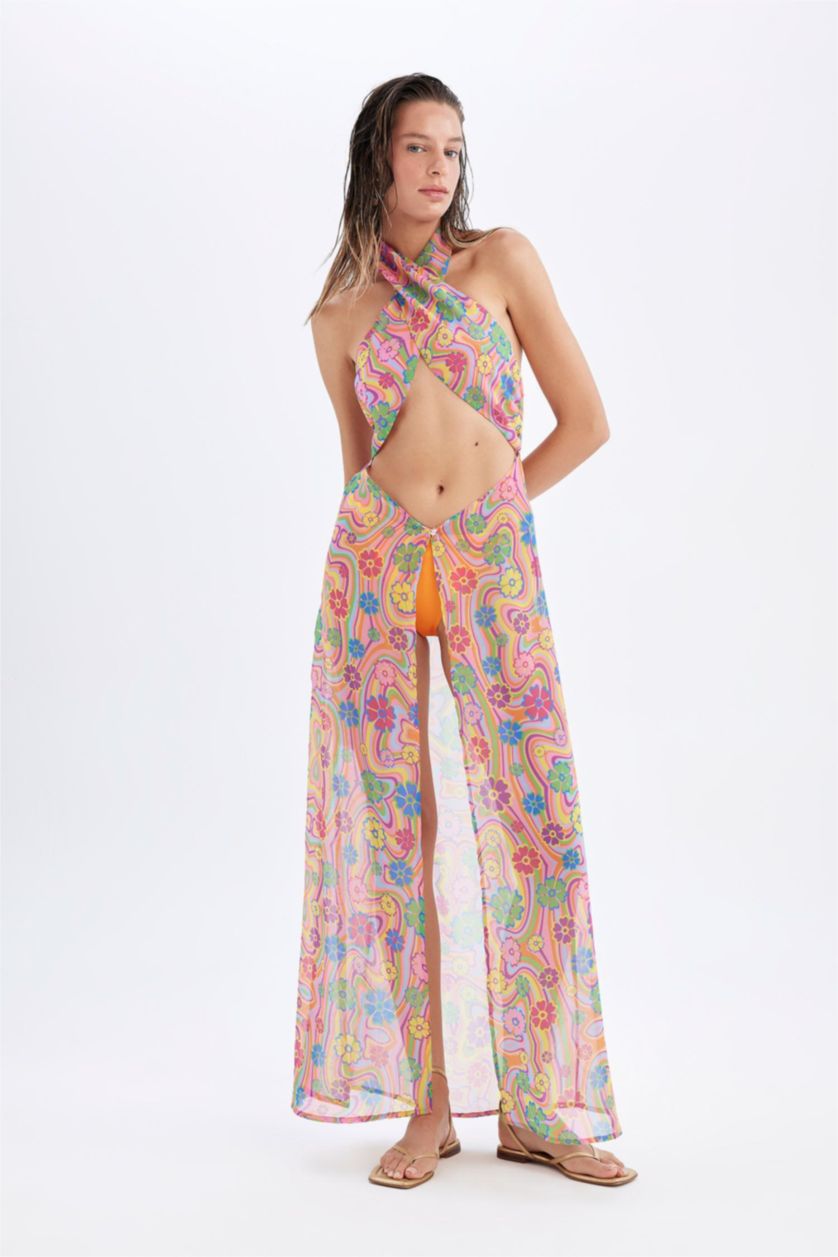 Woman Pink Regular Fit Printed Chiffon Beachwear