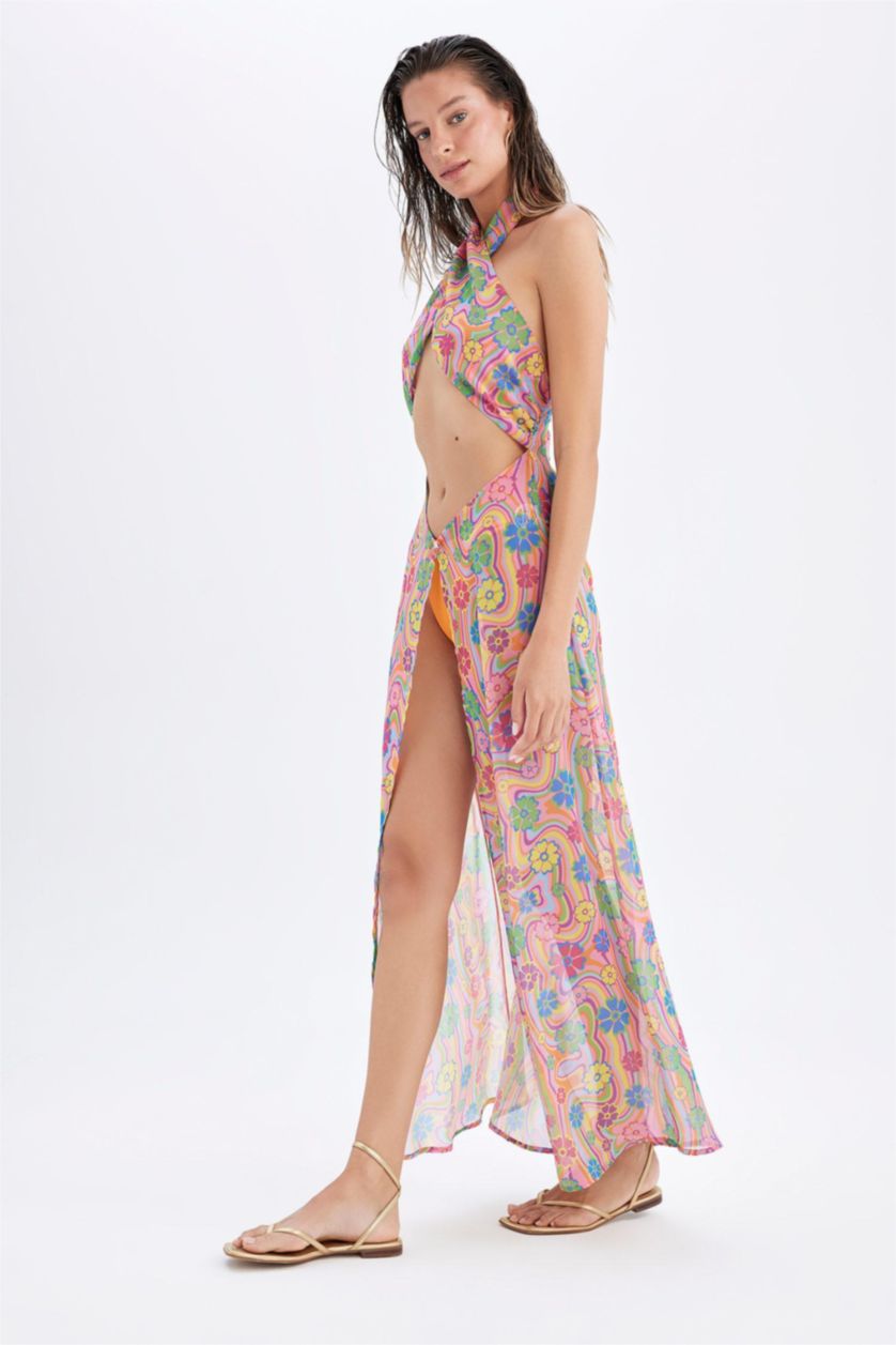 Woman Pink Regular Fit Printed Chiffon Beachwear