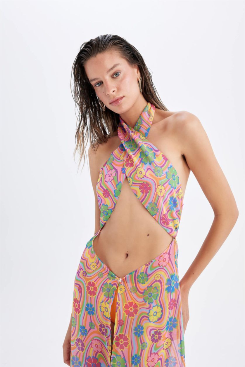Woman Pink Regular Fit Printed Chiffon Beachwear