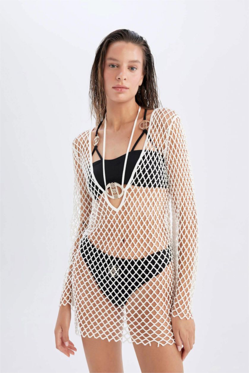 Kadın Kırık Beyaz Declara x DeFacto File Uzun Kollu Mini Plaj Elbisesi