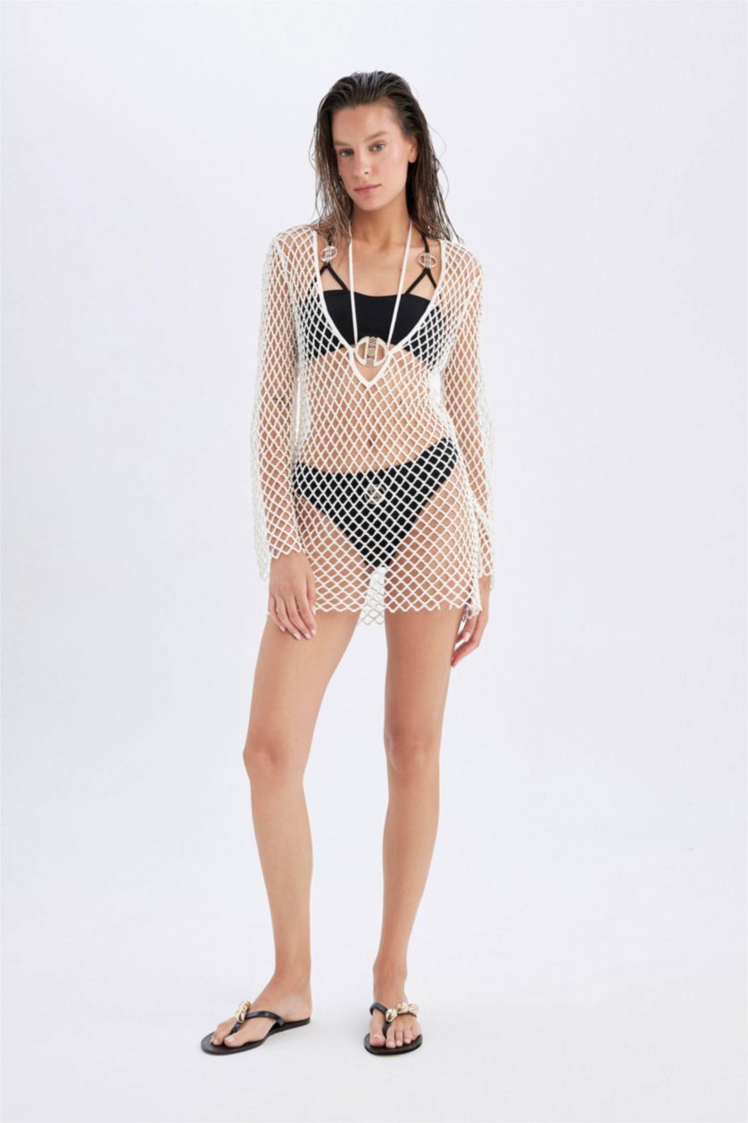 Kadın Kırık Beyaz Declara x DeFacto File Uzun Kollu Mini Plaj Elbisesi