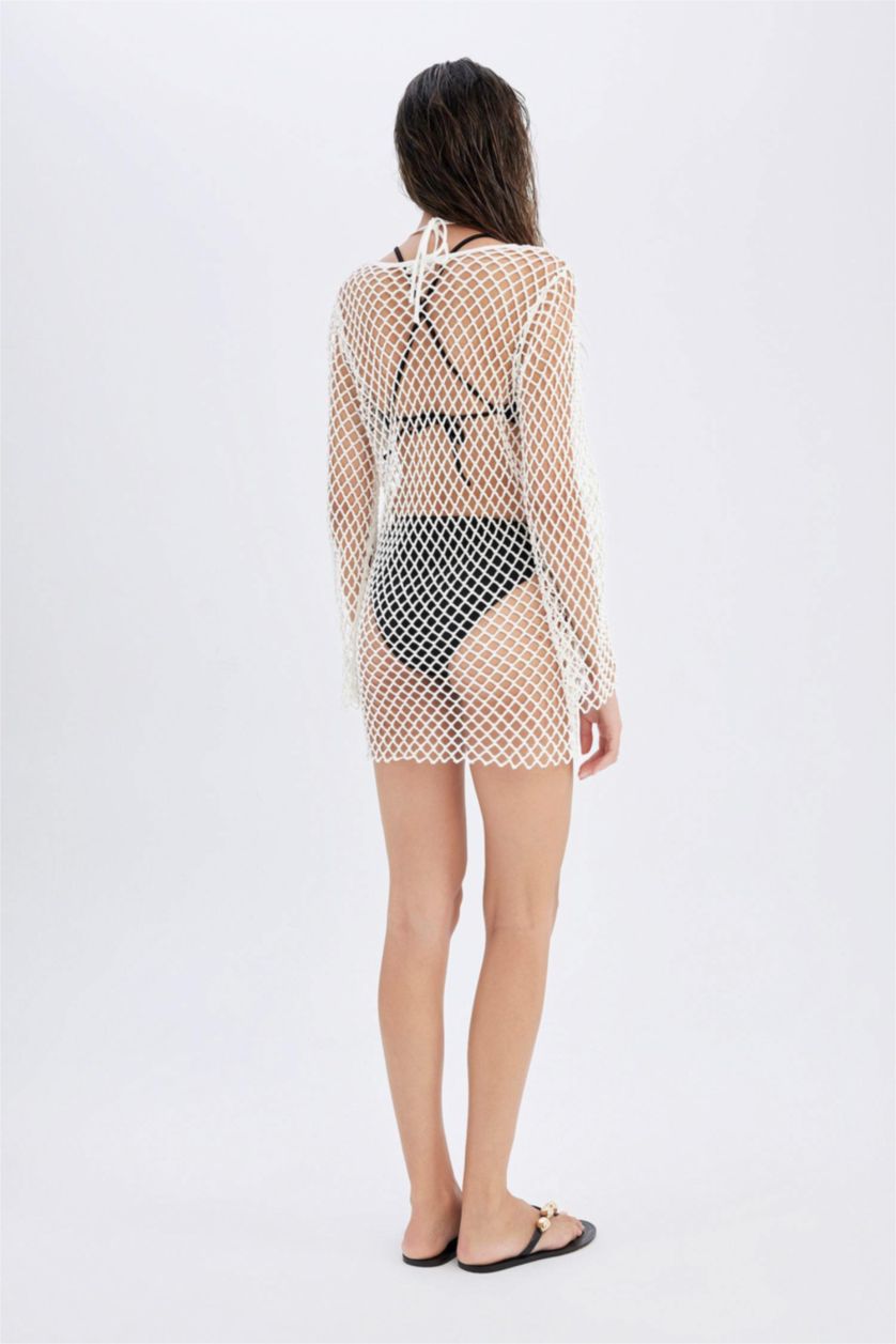 Kadın Kırık Beyaz Declara x DeFacto File Uzun Kollu Mini Plaj Elbisesi