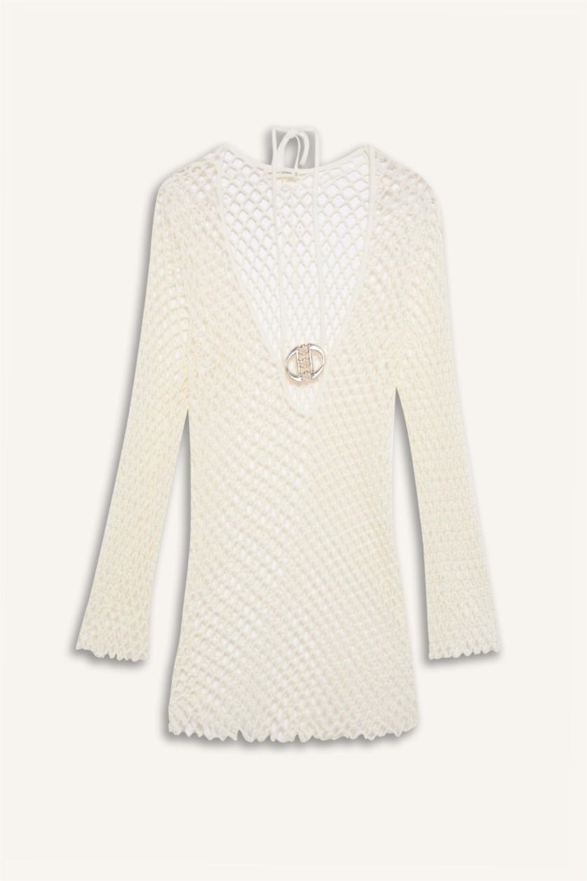 Kadın Kırık Beyaz Declara x DeFacto File Uzun Kollu Mini Plaj Elbisesi