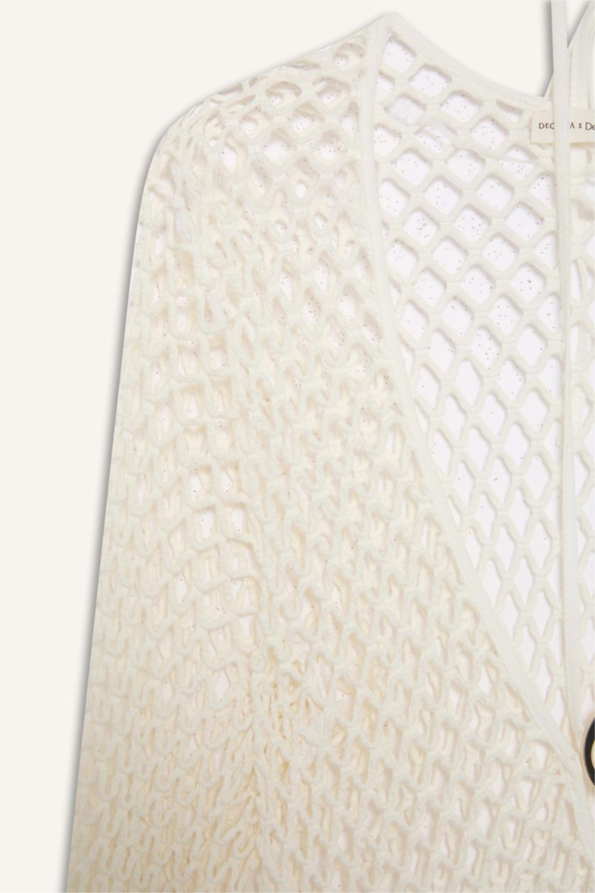 Kadın Kırık Beyaz Declara x DeFacto File Uzun Kollu Mini Plaj Elbisesi