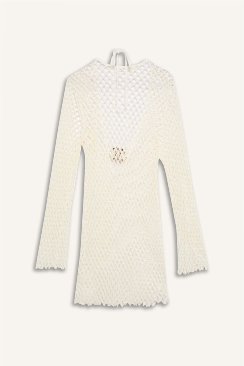 Kadın Kırık Beyaz Declara x DeFacto File Uzun Kollu Mini Plaj Elbisesi