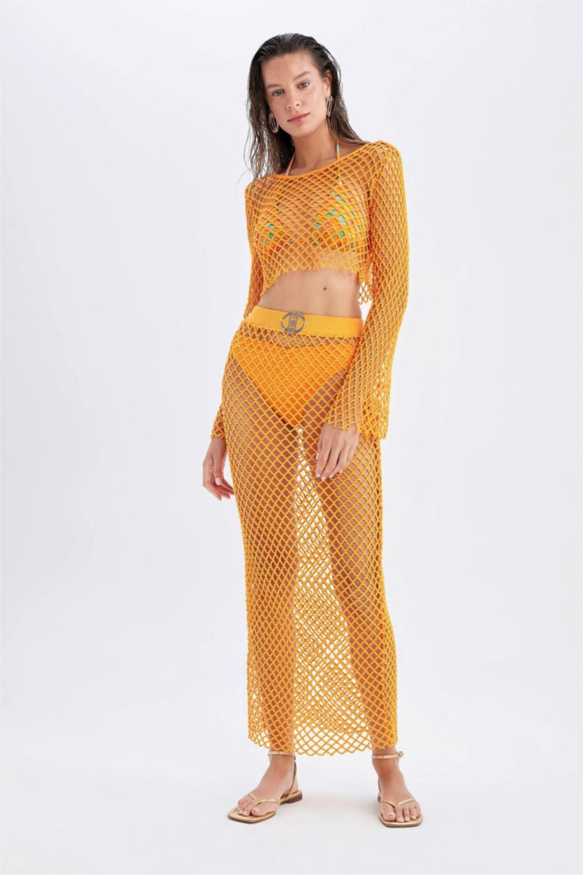 نساء برتقالي تنورة بحر طويل شبكي قصة عادية من Declara x DeFacto
