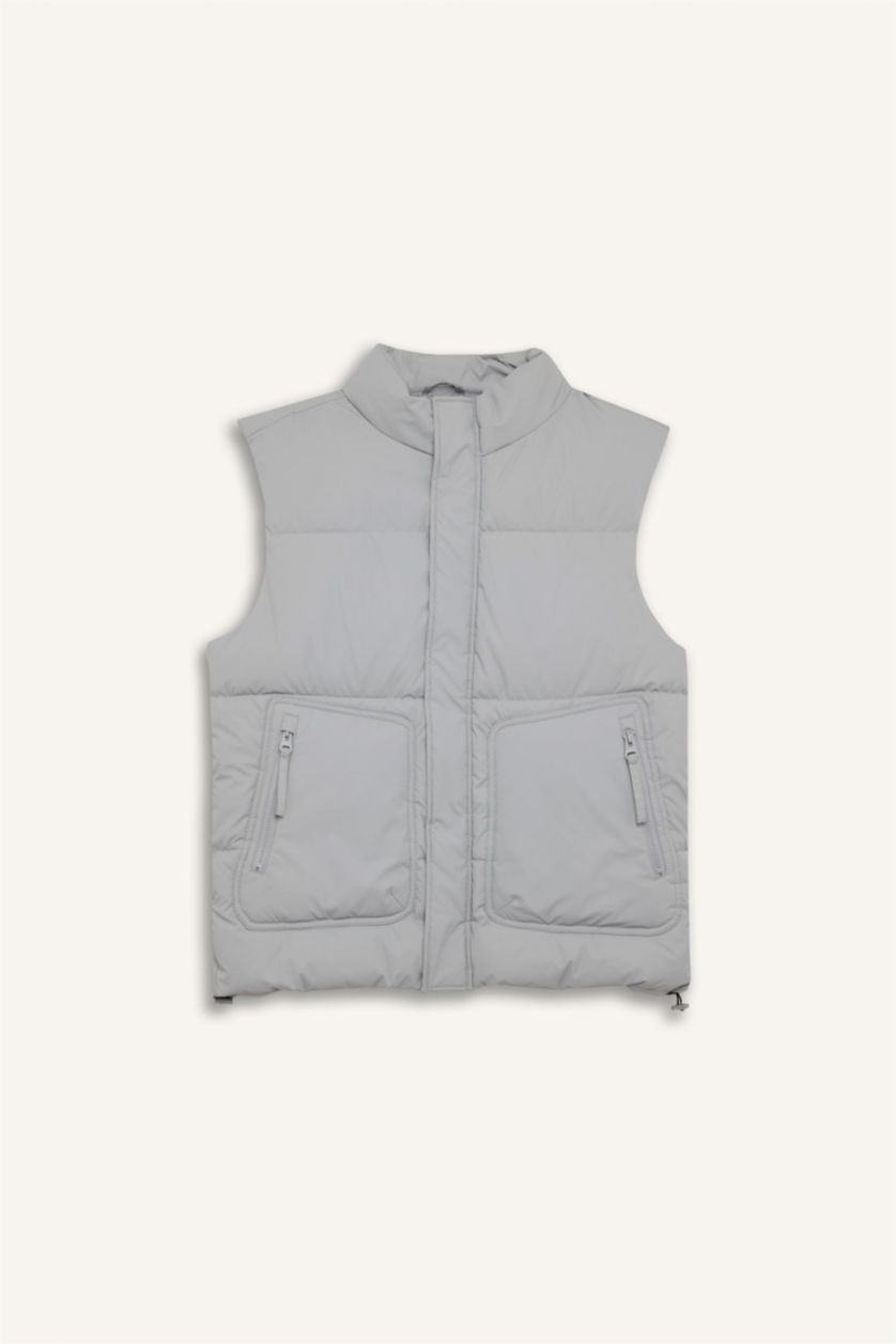 Erkek Gri Su İtici Regular Fit Dik Yaka Fermuarlı İç Cepli Mevsimlik Şişme Yelek