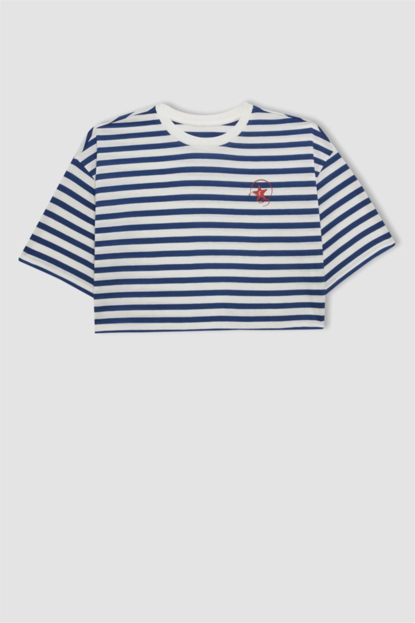 Kadın Lacivert DeFactoFit Crop Bisiklet Yaka Çizgili Sporcu Kısa Kollu Tişört