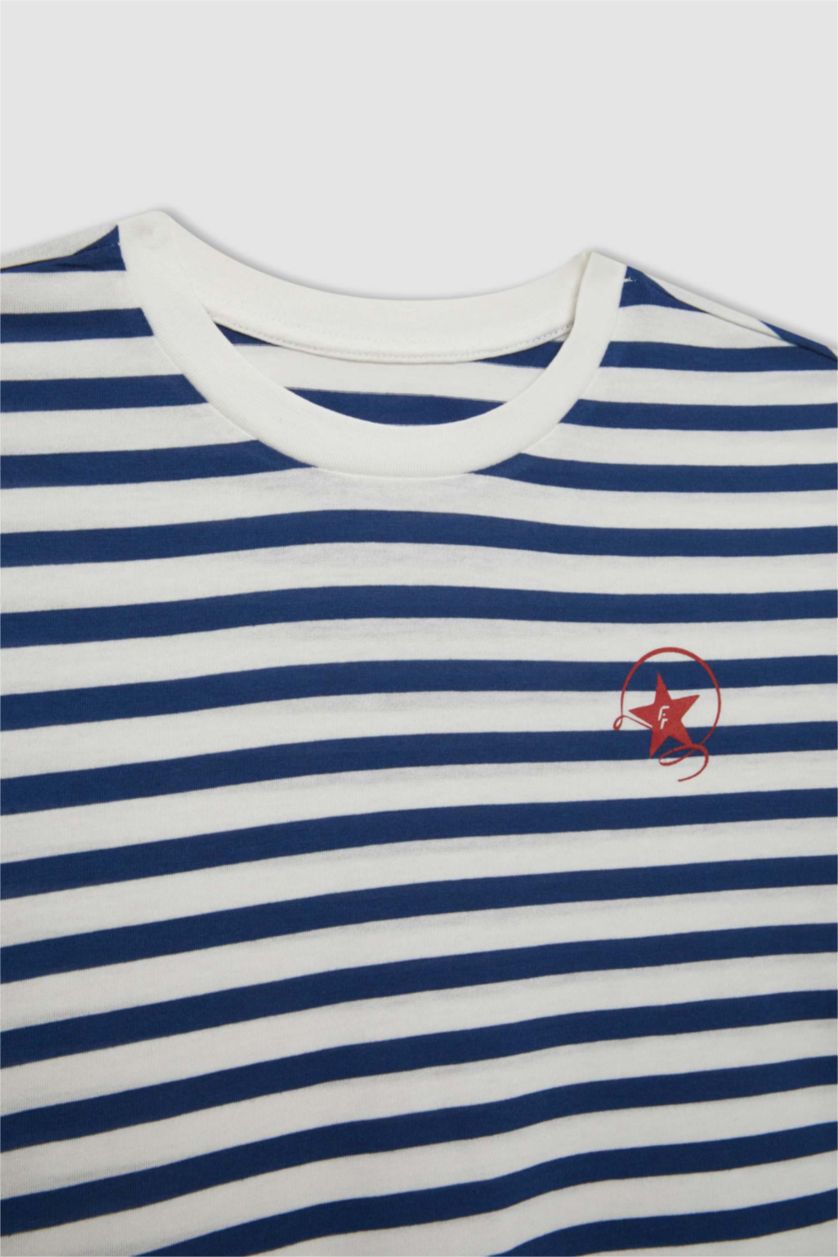 Kadın Lacivert DeFactoFit Crop Bisiklet Yaka Çizgili Sporcu Kısa Kollu Tişört