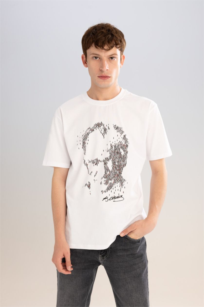 MAN White Regular Fit Crew Neck Ataturk Printed Short Sleeve T-Shirt
