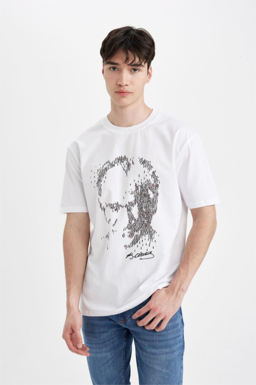 MAN White Regular Fit Crew Neck Ataturk Printed Short Sleeve T-Shirt