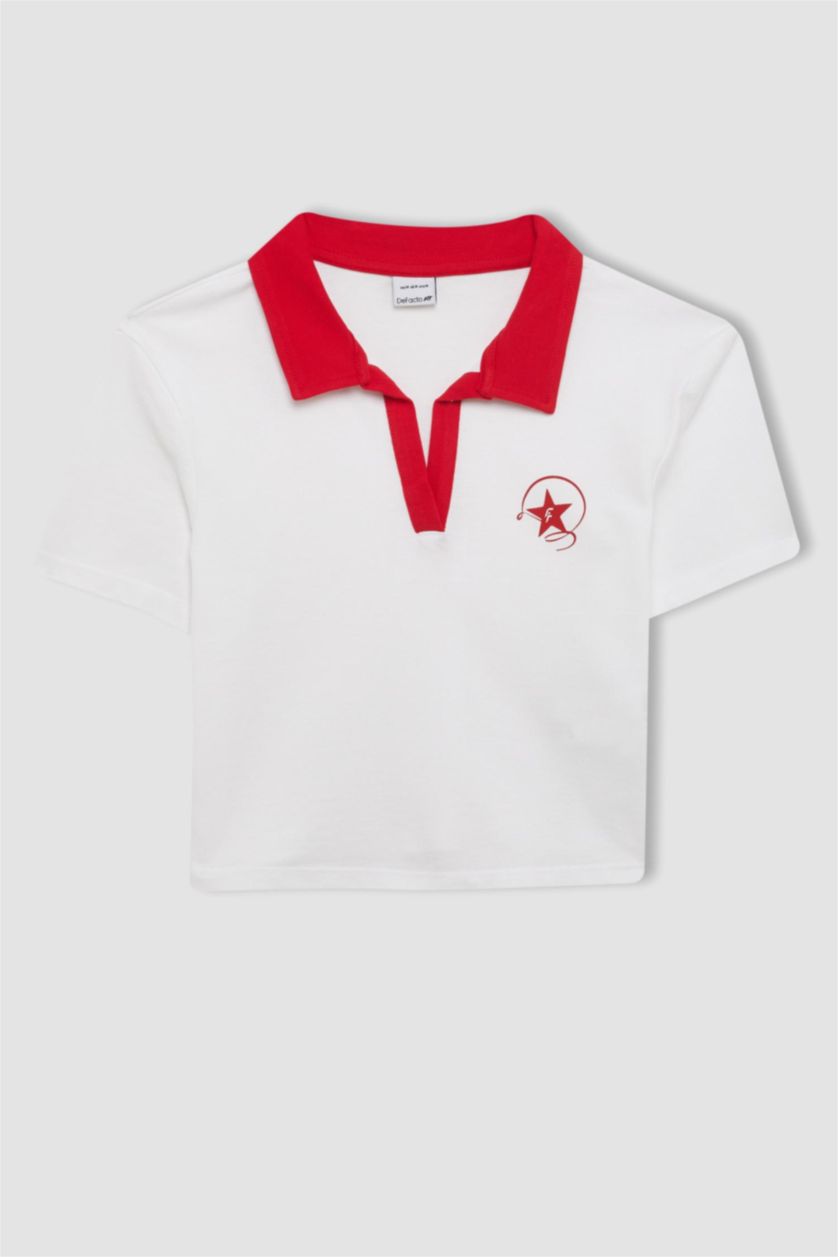 Kadın Beyaz Crop Polo Yaka Sporcu Pike Kısa Kollu Tişört