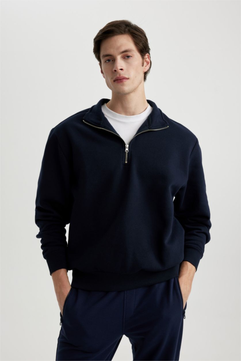 Erkek Lacivert Oversize Fit Fermuarlı Dik Yaka Basic Sweatshirt