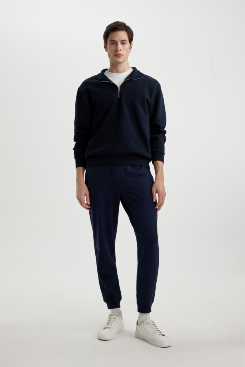 Erkek Lacivert Oversize Fit Fermuarlı Dik Yaka Basic Sweatshirt