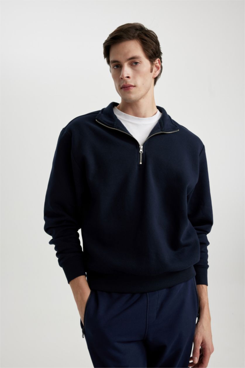 Erkek Lacivert Oversize Fit Fermuarlı Dik Yaka Basic Sweatshirt