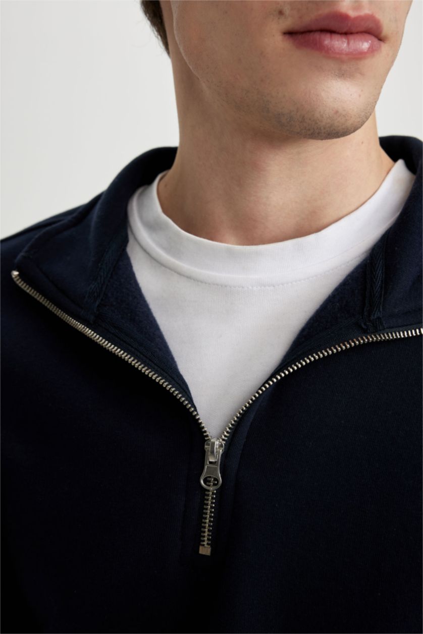 Erkek Lacivert Oversize Fit Fermuarlı Dik Yaka Basic Sweatshirt