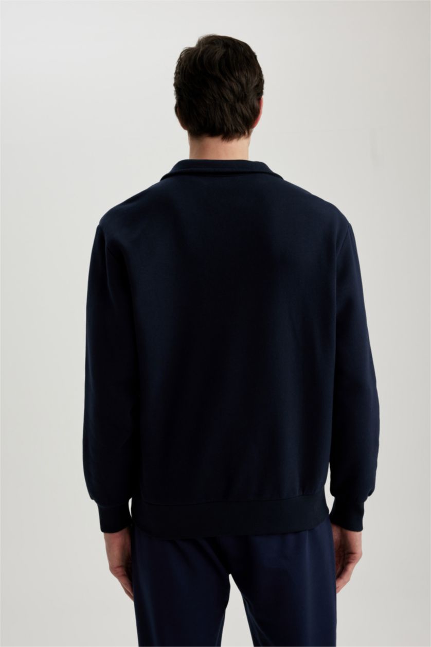Erkek Lacivert Oversize Fit Fermuarlı Dik Yaka Basic Sweatshirt