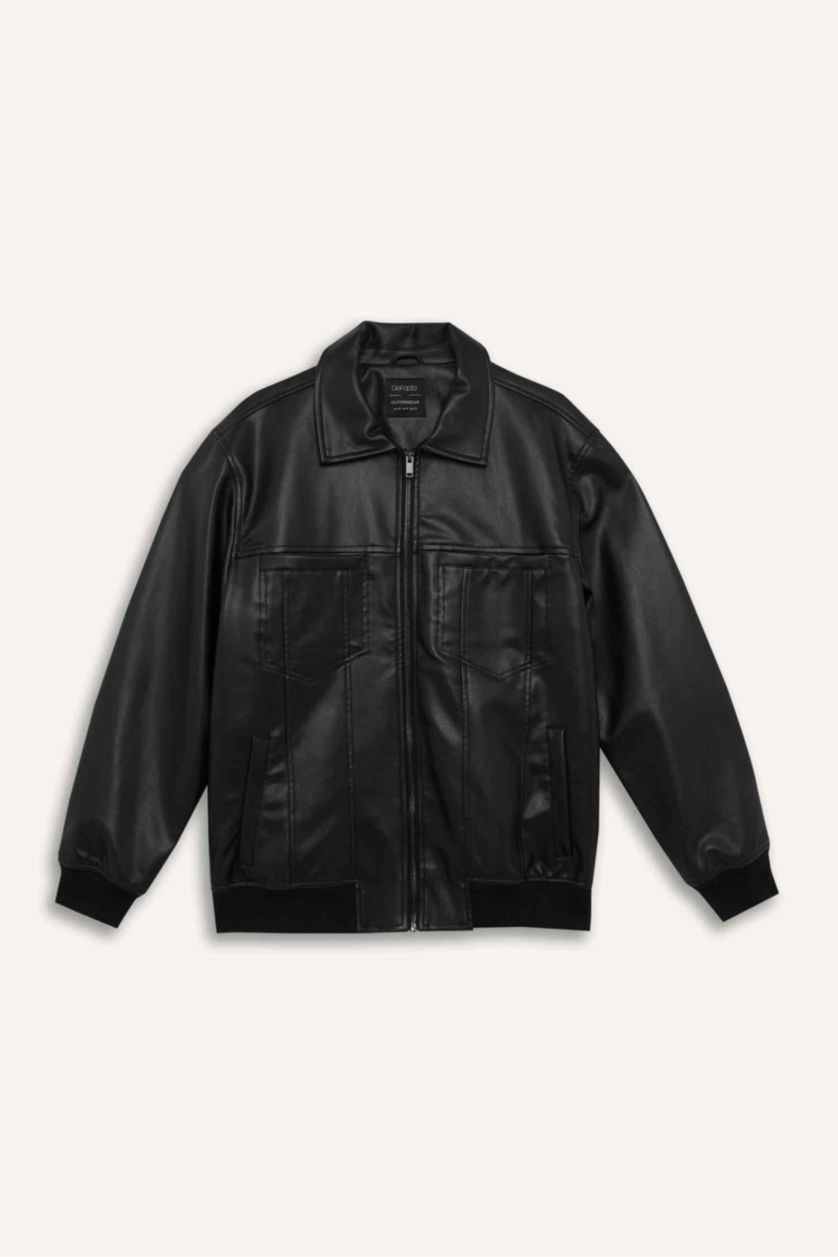 Black MAN Zipper Faux Leather Jacket 3112950 | DeFacto