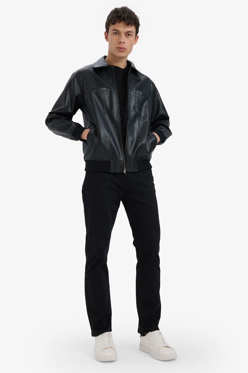 Erkek Siyah Su İtici Regular Fit Gömlek Yaka Fermuarlı İç Cepli Suni Deri Mevsimlik Ceket Mont