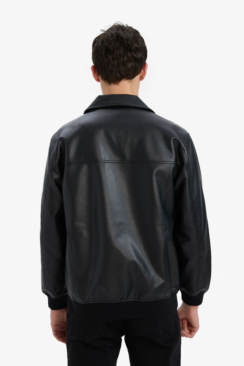 Erkek Siyah Su İtici Regular Fit Gömlek Yaka Fermuarlı İç Cepli Suni Deri Mevsimlik Ceket Mont