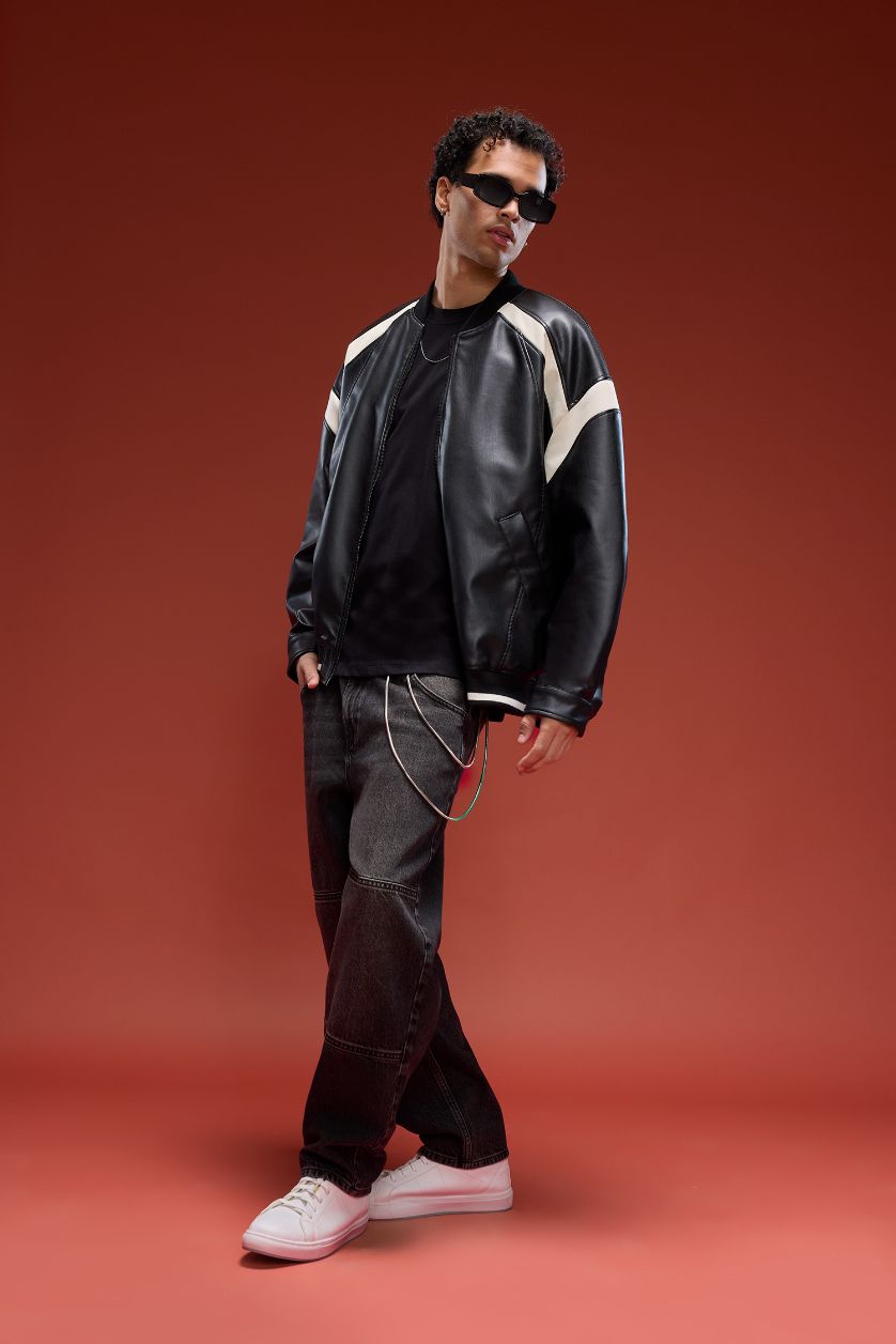 Erkek Siyah Su İtici Regular Fit Kolej Yaka İç Cep Detaylı Fermuarlı Bomber Mevsimlik Baharlık Deri Ceket Mont