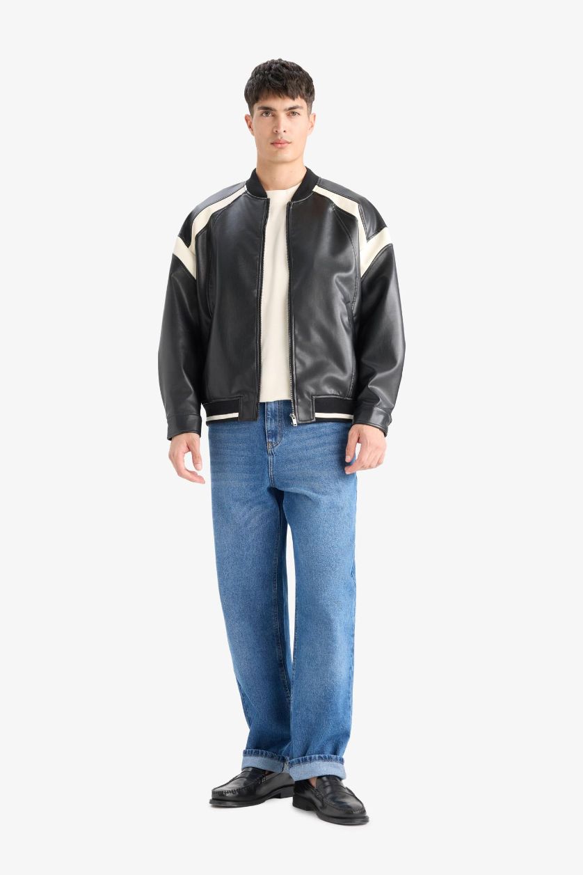 Erkek Siyah Su İtici Regular Fit Kolej Yaka İç Cep Detaylı Fermuarlı Bomber Mevsimlik Baharlık Deri Ceket Mont