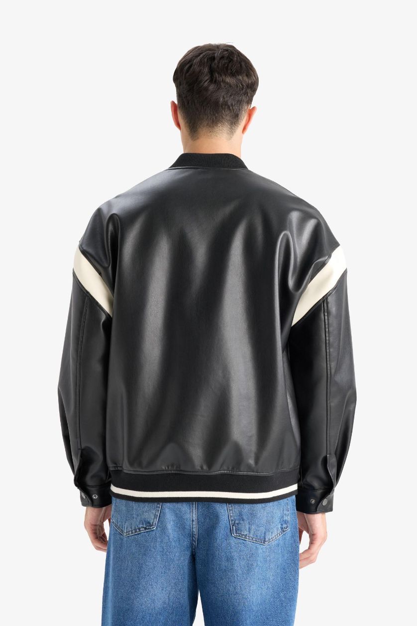 Erkek Siyah Su İtici Regular Fit Kolej Yaka İç Cep Detaylı Fermuarlı Bomber Mevsimlik Baharlık Deri Ceket Mont