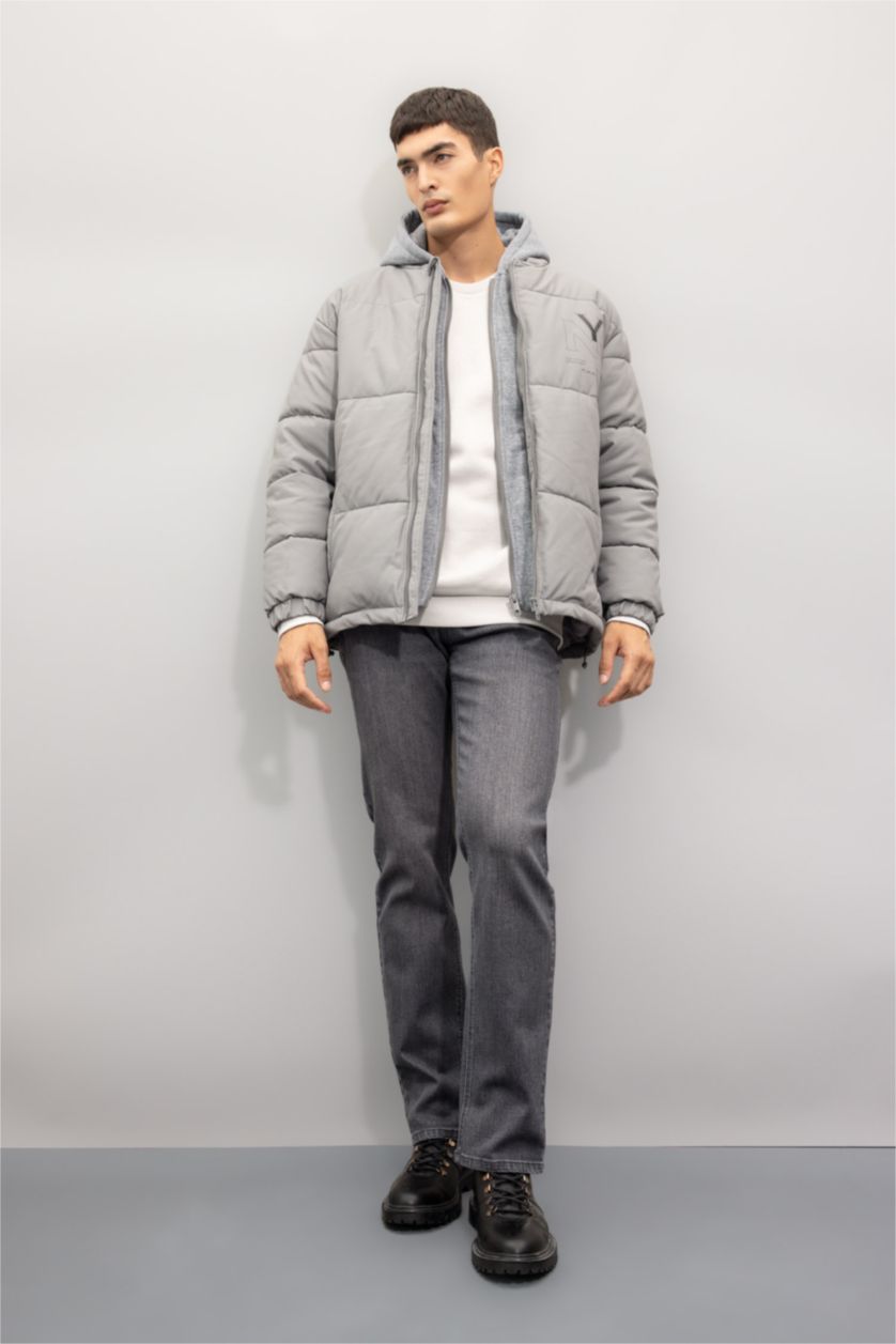 Erkek Koyu Gri Şişme Mont Kapüşonlu Fermuarlı Cepli