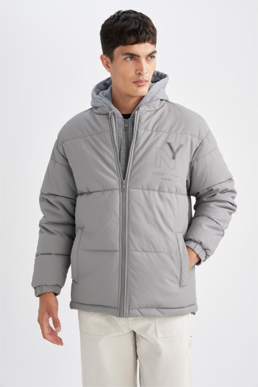 Erkek Koyu Gri Şişme Mont Kapüşonlu Fermuarlı Cepli