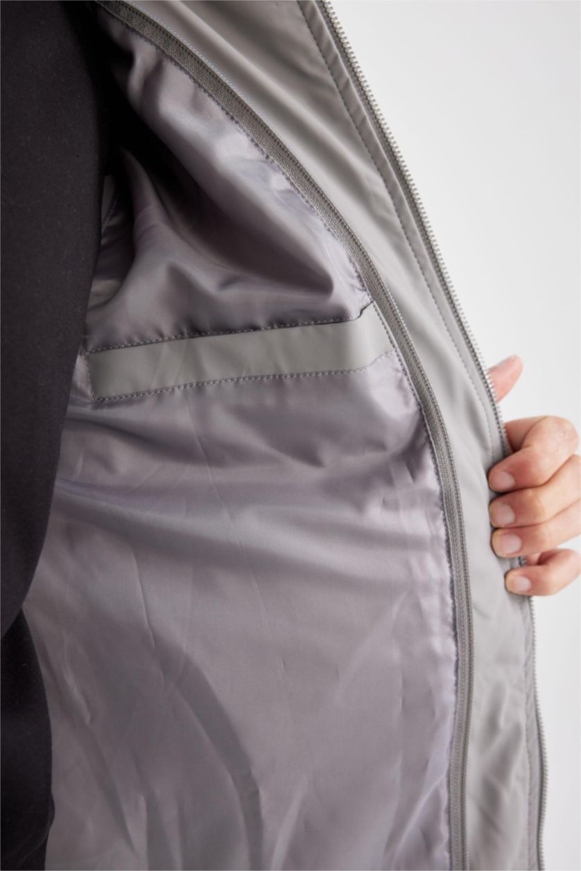 Erkek Koyu Gri Şişme Mont Kapüşonlu Fermuarlı Cepli