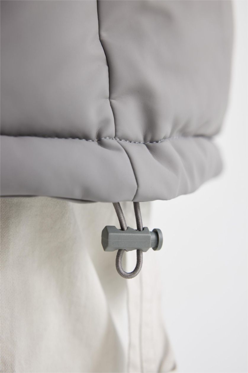 Erkek Koyu Gri Şişme Mont Kapüşonlu Fermuarlı Cepli