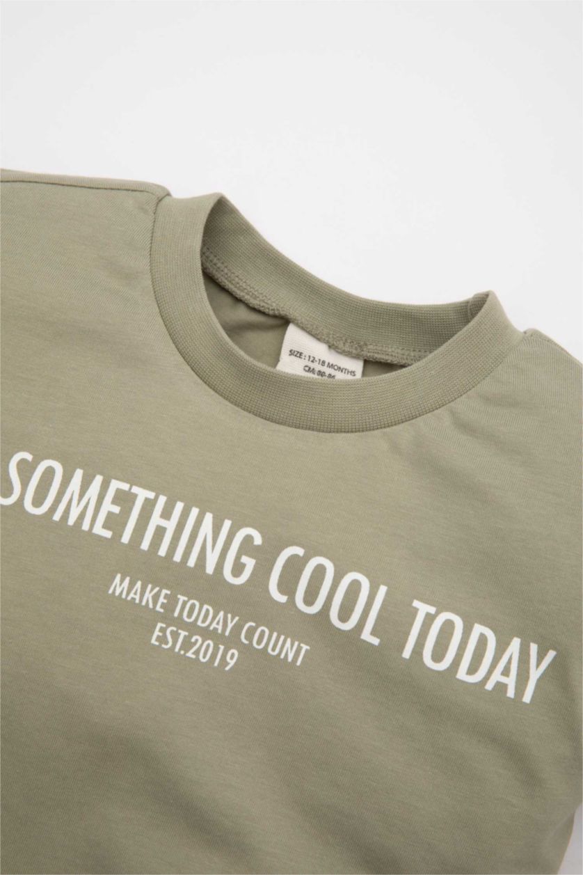 Erkek Bebek Açık Haki Erkek Bebek 2'li Takım Bisiklet Yaka Baskılı Kısa Kollu Tişört Şort