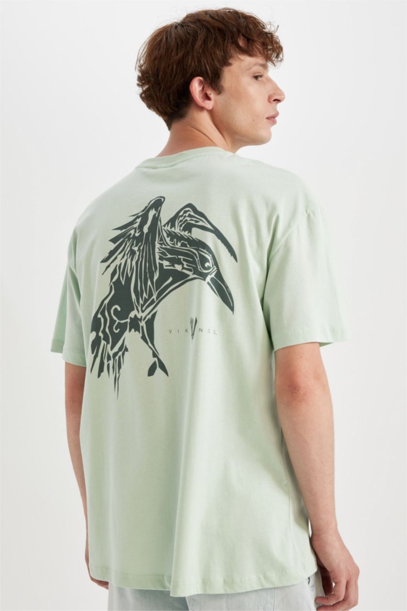 Erkek Mint %100 Pamuk Vikings Boxy Fit Bisiklet Yaka Sırt Baskılı Kısa Kollu Tişört